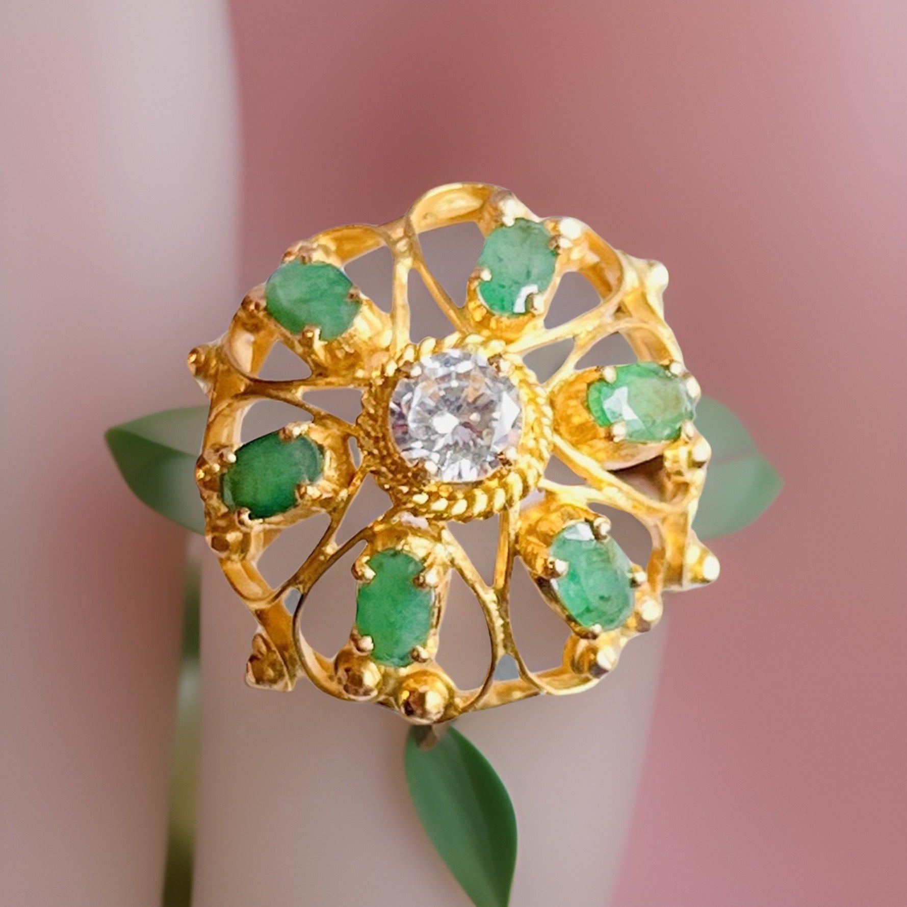 24 carat gold ring with emerald and zirconia